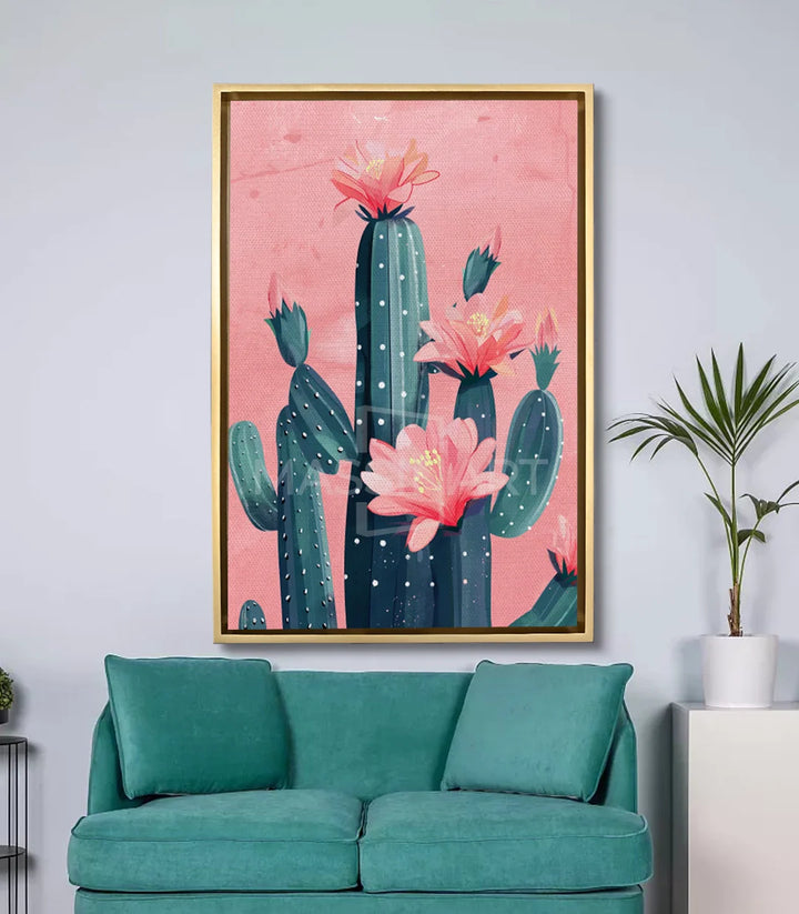 Mise en situation salon moderne Blooming Cactus Massinart au-dessus canapé turquoise
