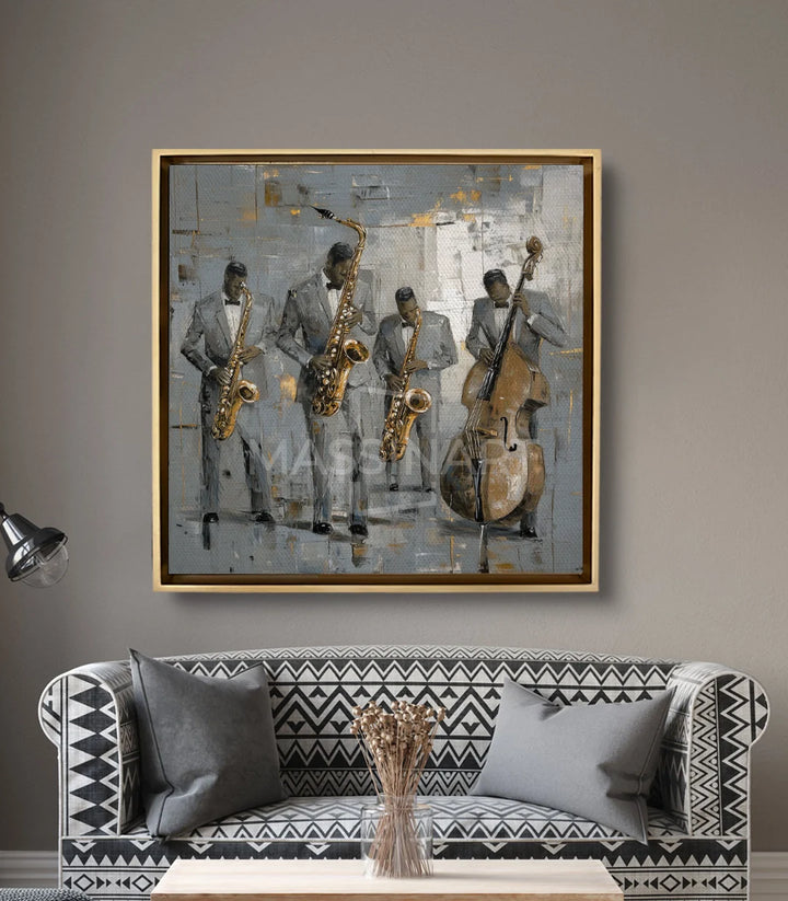 Mise en situation salon moderne — Tableau Band Vibes au-dessus canapé blanc noir Massinart