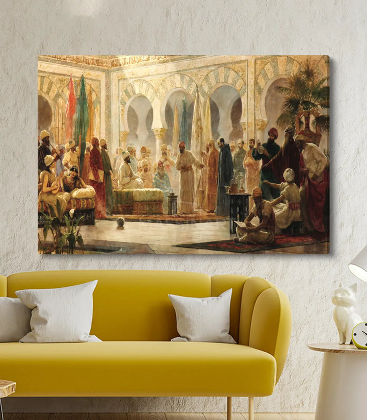 Mise en situation salon moderne, tableau cour andalouse au mur, décoration intérieur — Massinart