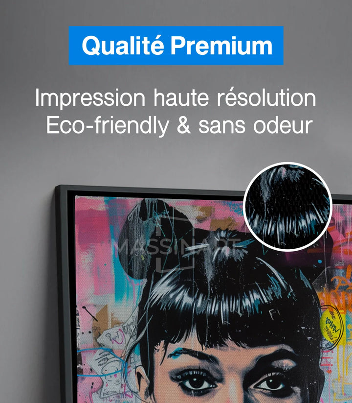 Tableau Bubble Icons diptyque — détail portrait femme cheveux noirs bulle rose fond graffiti Massinart