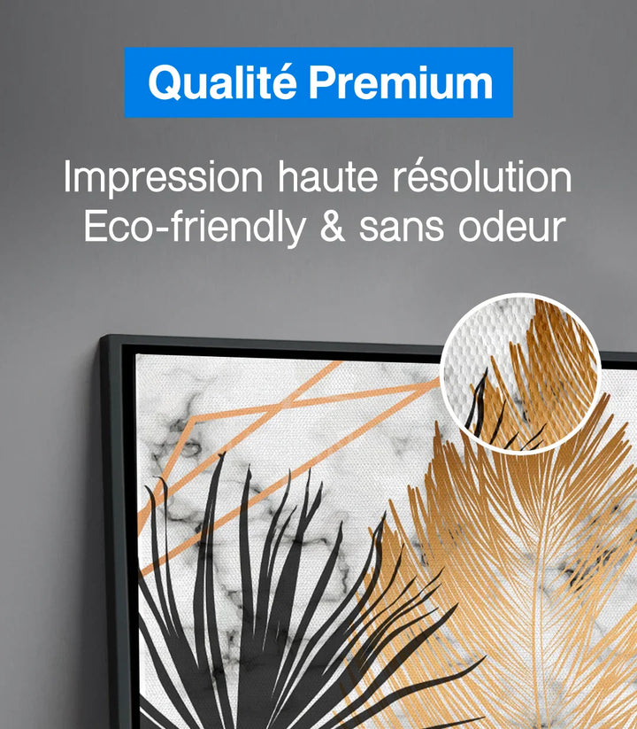 Détail gauche - feuilles de palmier dorées et noires sur marbre blanc, Massinart