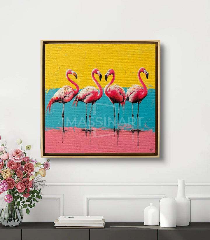 Tableau Flamingo Quartet mis en situation salon moderne, cadre noir, décoration murale Massinart