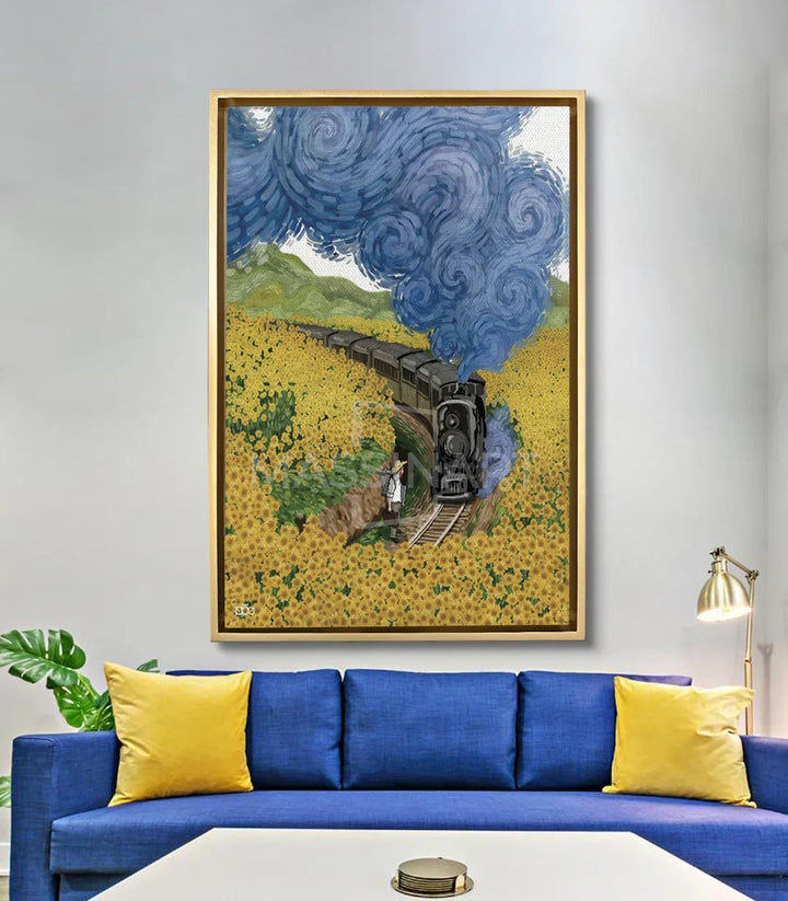 Mise en situation salon moderne bleu et jaune, tableau train Take me home Massinart