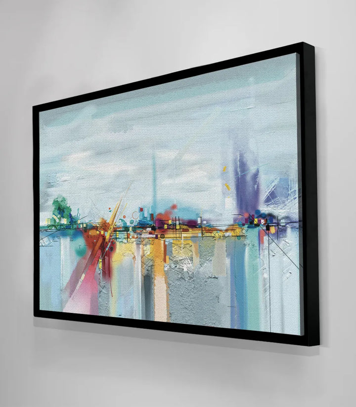 Tableau coloré moderne, dégradés bleu jaune rose sur horizon urbain Massinart