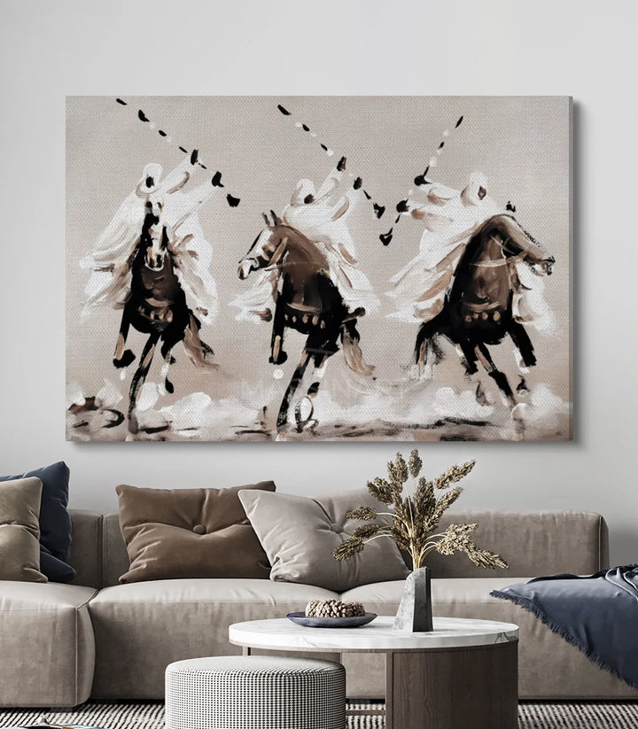 Tableau équestre marocain Tbourida Echo style expressionniste beige marron Massinart