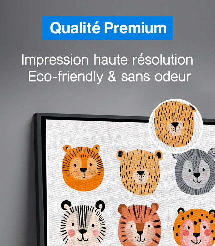 Tableau Furry Faces détail galerie — ours noir, panda, tigre, lion en illustration colorée style enfants