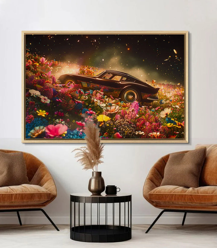 Tableau Flower Ride voiture fleurs ambiance onirique Massinart