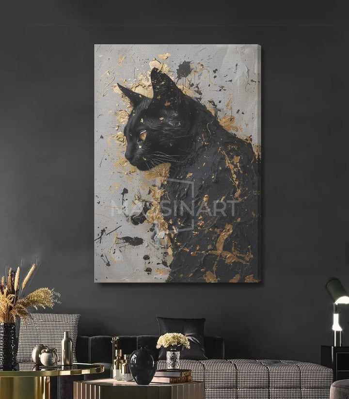 Détail tableau chat noir doré — portrait expressionniste Massinart