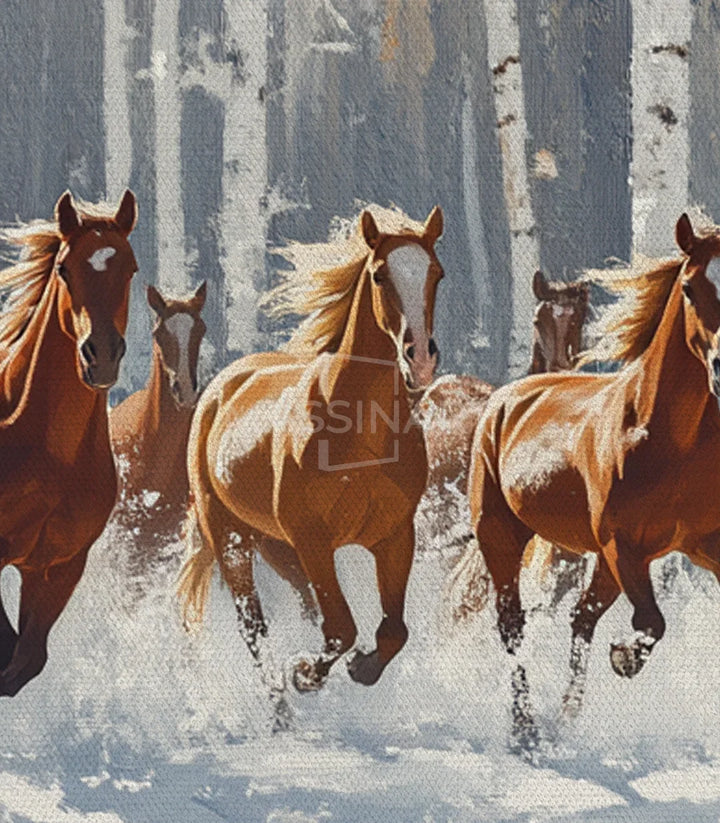 Mise en situation chambre — Tableau chevaux forêt neige décoration intérieur Massinart