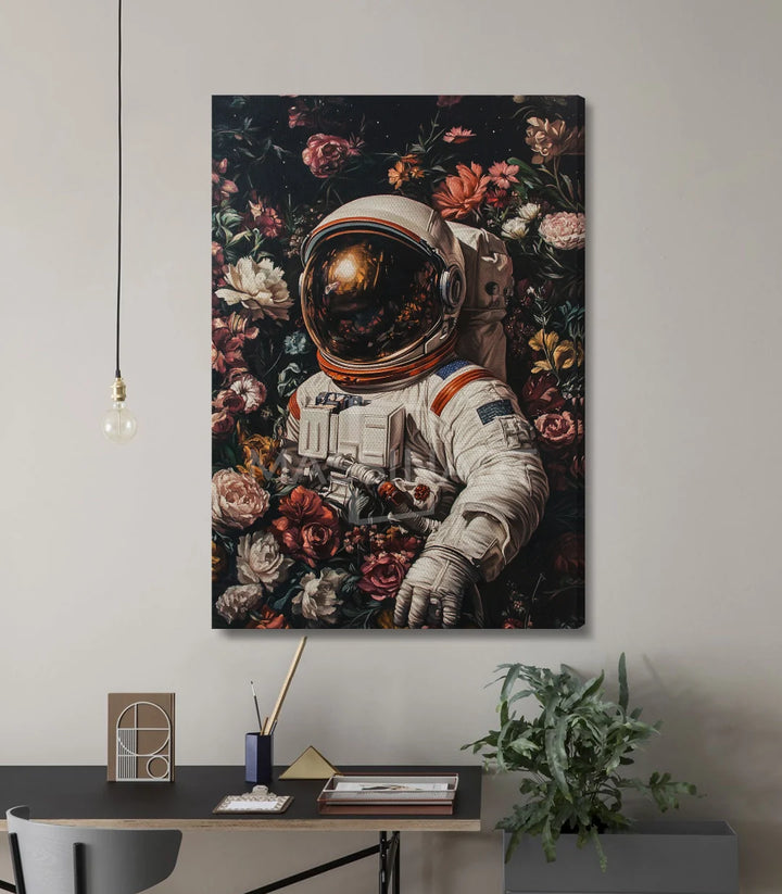 Tableau Astral Garden dans salon monochrome — cosmonaute et fleurs botaniques Massinart