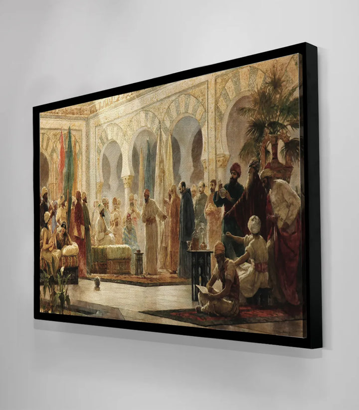Mise en situation salon moderne, tableau cour andalouse au mur, décoration intérieur — Massinart