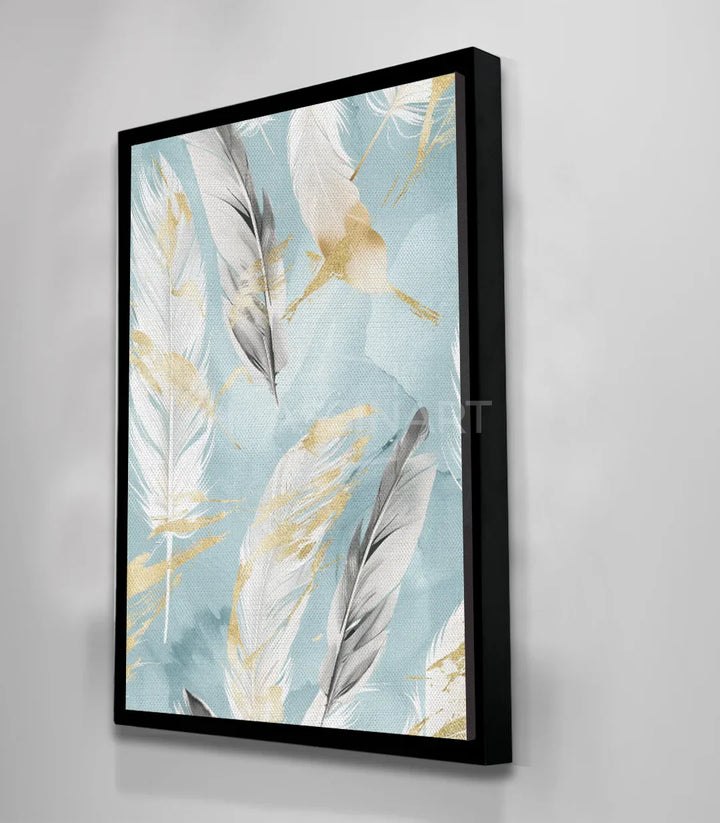 Tableau Softness plumes dorées composition verticale salon Massinart