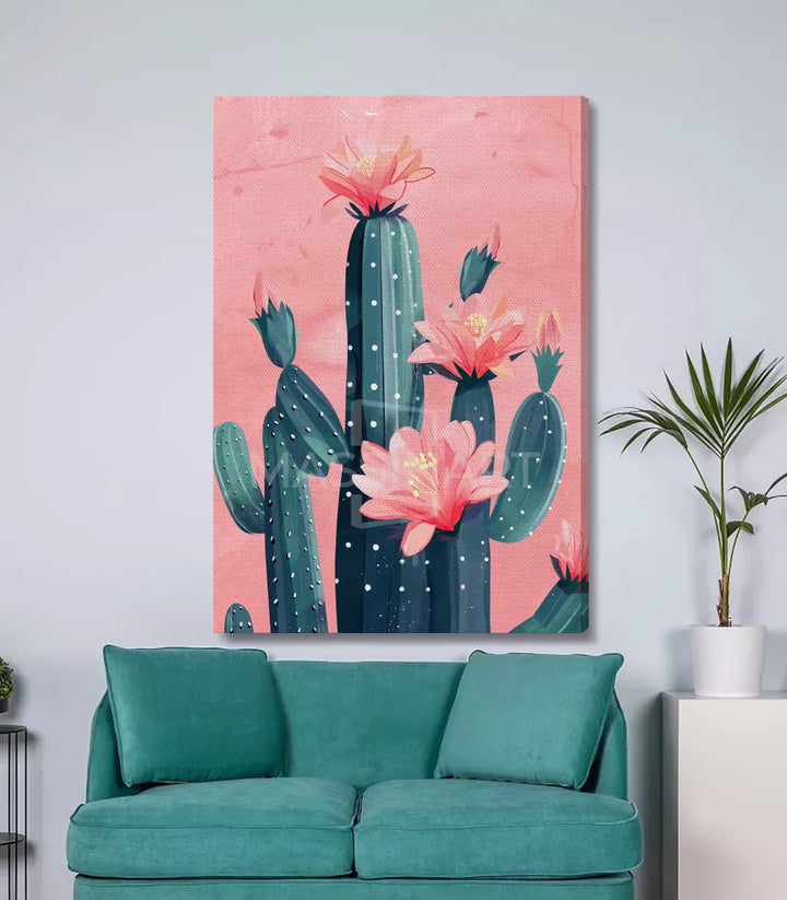 Tableau cactus fleuri Massinart cadre noir ambiance intérieur moderne