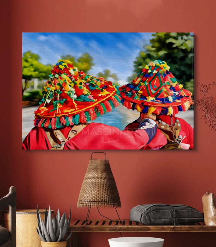 Tableau Guerrab détail costumes traditionnels berbères couleurs vives Massinart