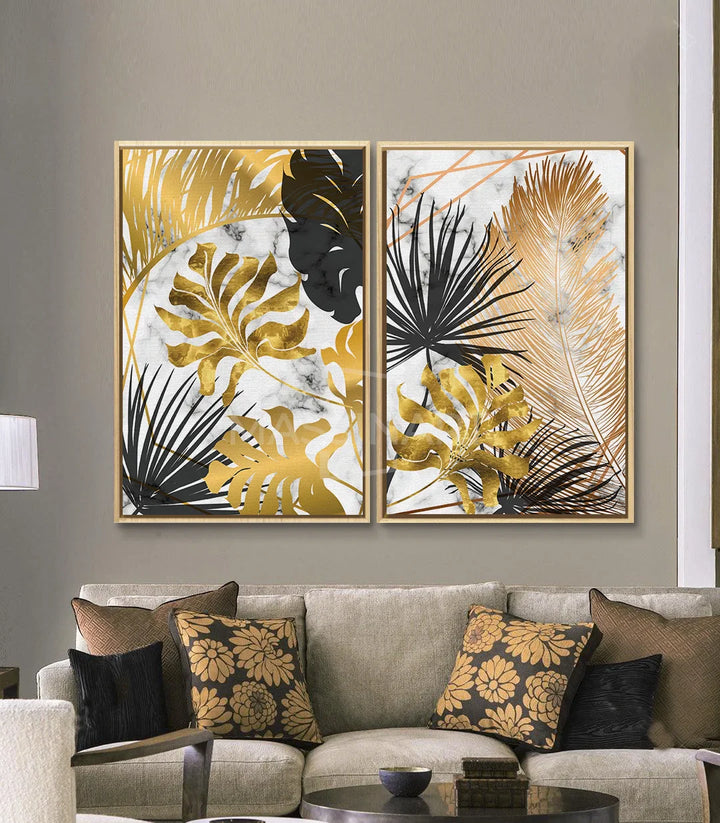 Mise en situation salon moderne - diptyque tropical doré et noir au-dessus canapé beige, Massinart