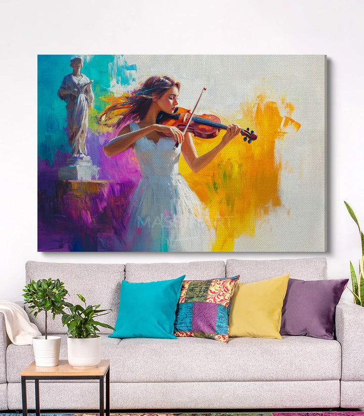 Tableau Charmed Melody ambiance séjour Massinart — femme violoniste palette vibrante