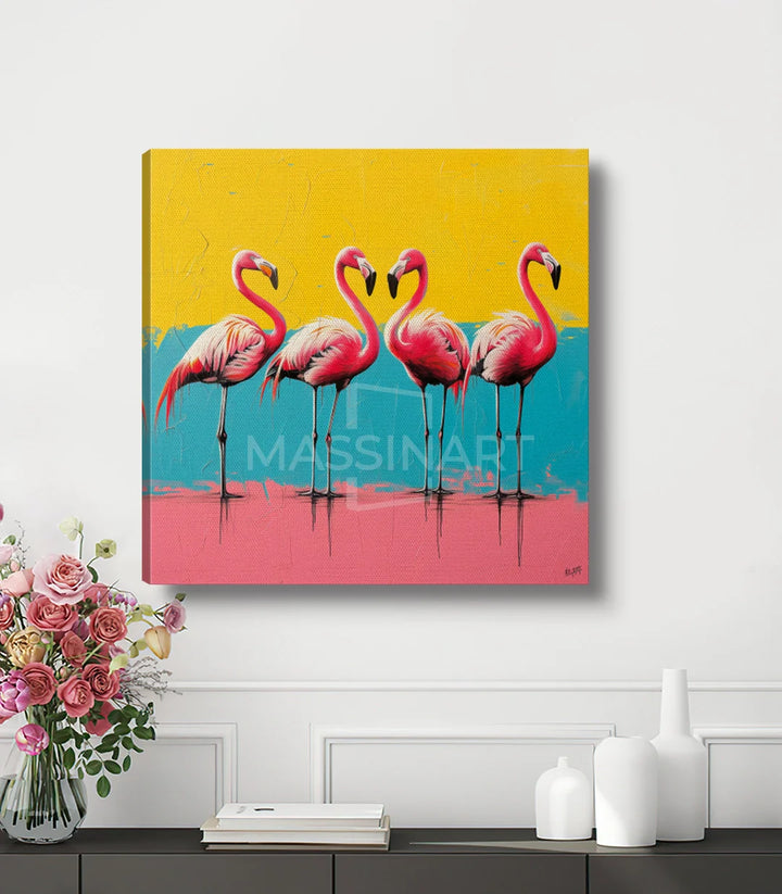 Tableau Flamingo Quartet décoration couloir, flamants roses pop-art Massinart