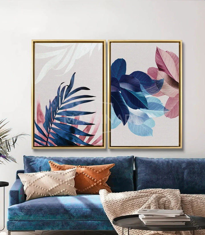Mise en situation Botanical Leaves salon moderne bleu Massinart