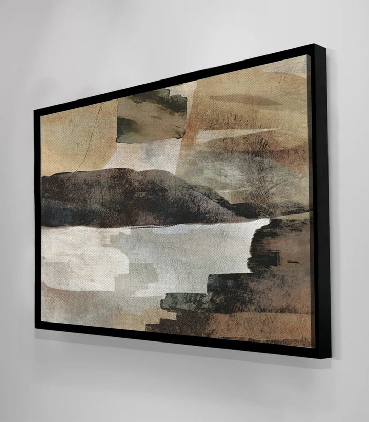 Tableau décoration moderne salon, paysage abstrait blanc marron beige, cadre noir Massinart