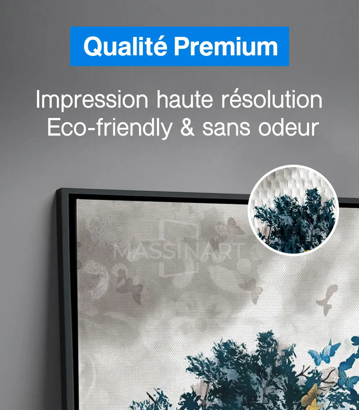 Tableau Butterfly Effect détail feuillages bleu doré Massinart