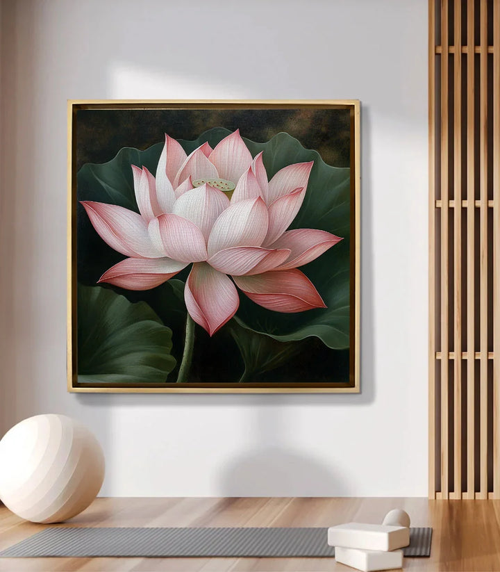 Mise en situation salon moderne avec tableau lotus rose et blanc - Massinart