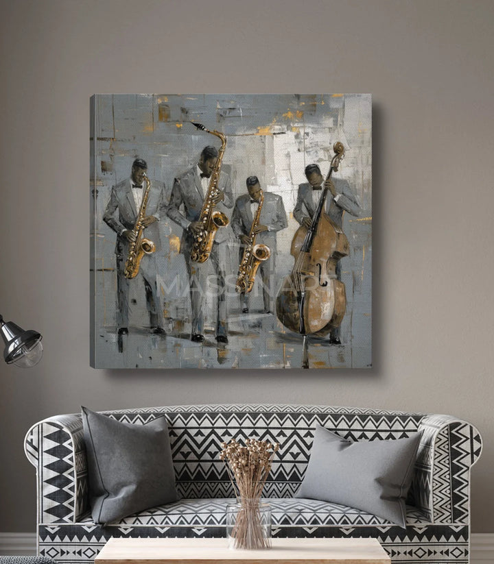 Tableau Band Vibes carré — détail musiciens expressionnistes fond gris or Massinart