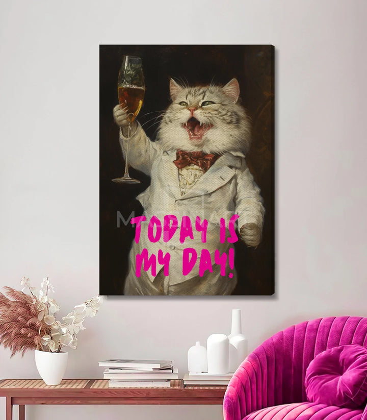 Tableau Cheers Kitty détail — Chat blanc expressionniste, flûte champagne or sur fond noir