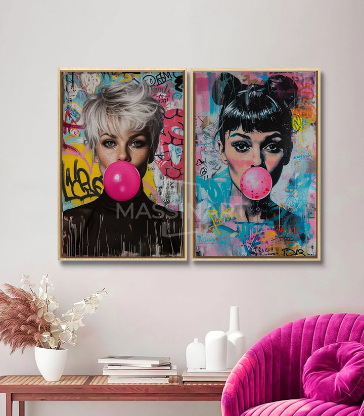 Tableau Bubble Icons diptyque — mise en situation couloir avec portraits urbains et bulle rose Massinart