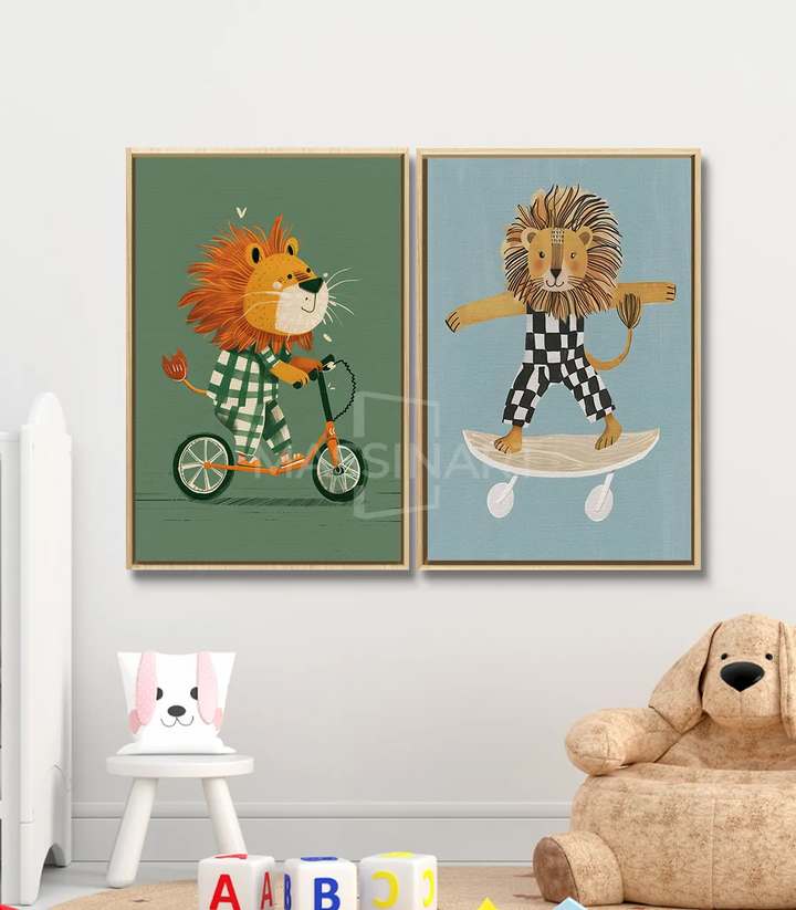 Tableau Lion skateboard bleu mise en décoration intérieur Massinart