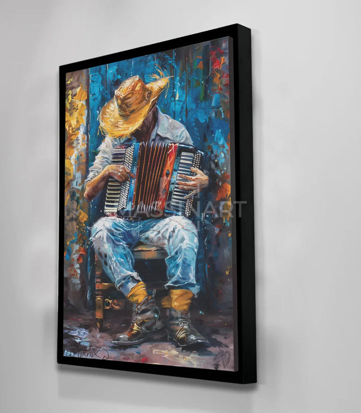 Tableau Accordionist couleurs bleu moutarde Massinart