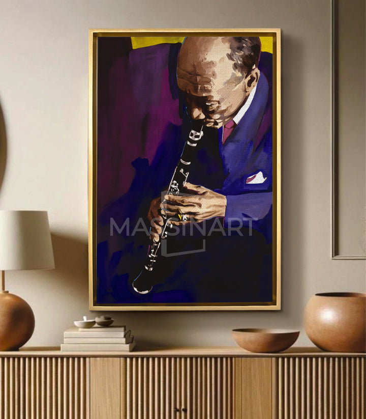 Mise en situation Velvet Jazz salon moderne, décoration murale musique Massinart