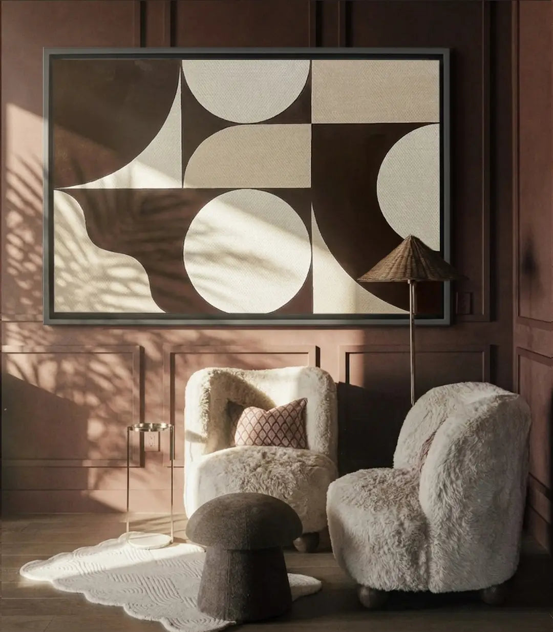 Tableau Spheres Massinart — composition géométrique abstraite, cercles et carrés marron beige blanc
