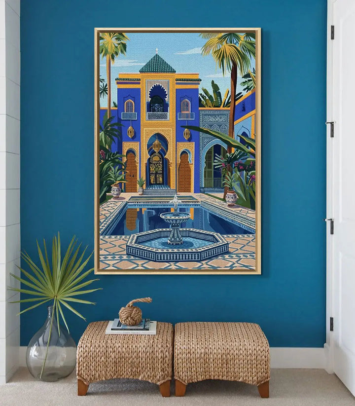 Décoration intérieur chambre — tableau riad marocain bleu vertical Massinart