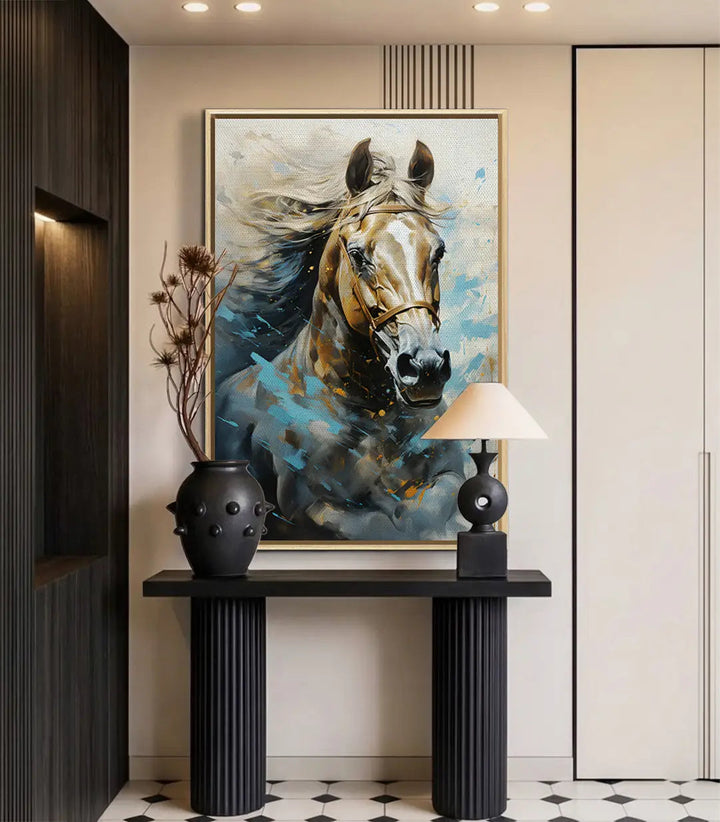 Décoration intérieur contemporain - Tableau Cheval Sovereign au-dessus console noire - Massinart