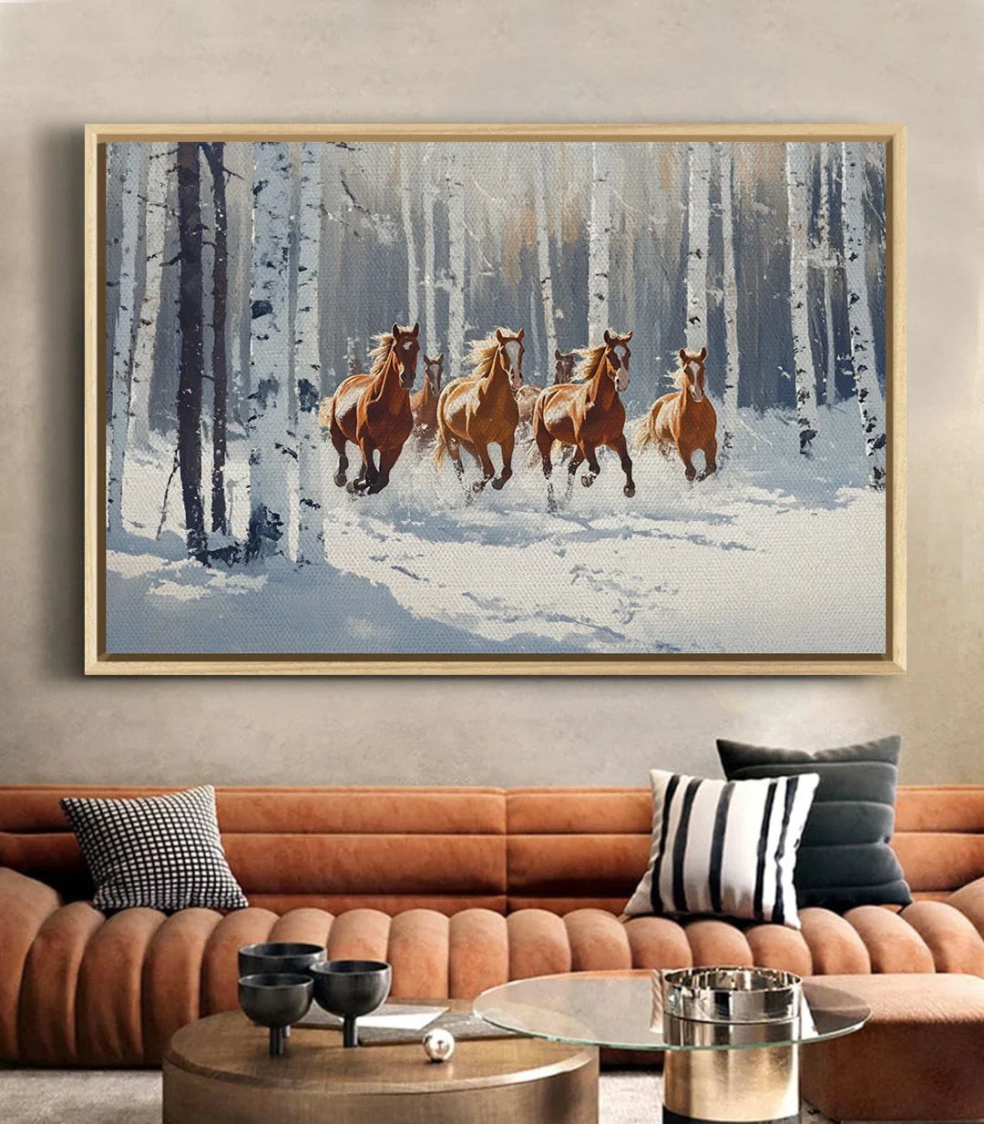 Décoration intérieur contemporain — Tableau paysage neige chevaux sur mur beige clair Massinart
