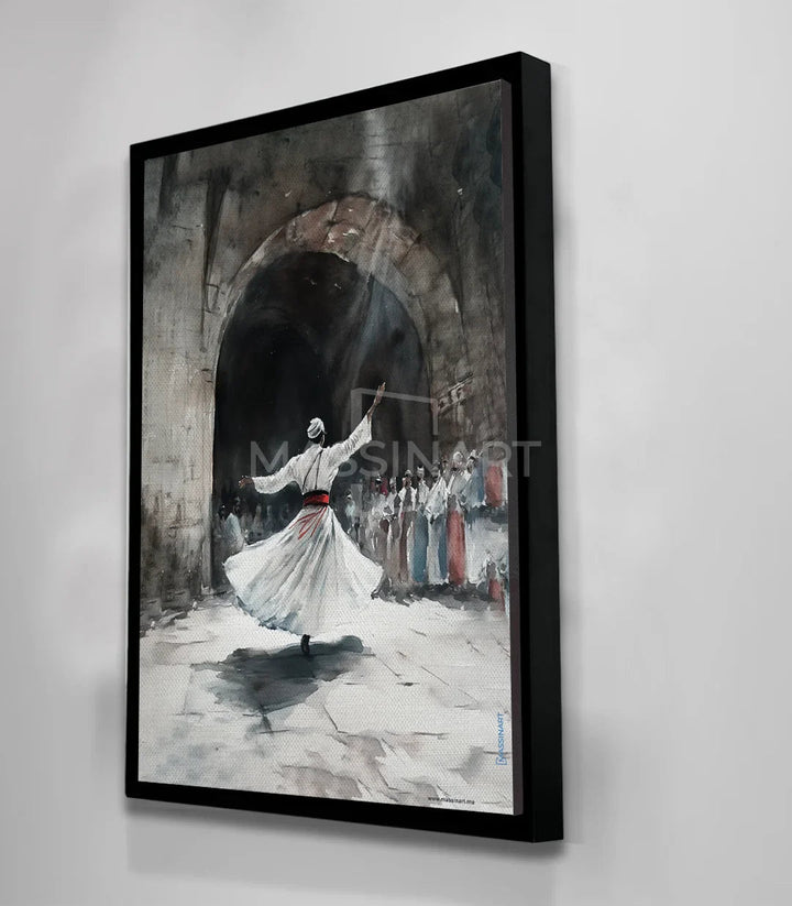 Détail peinture derviche rotation soufie, tons gris-blanc-noir, Massinart