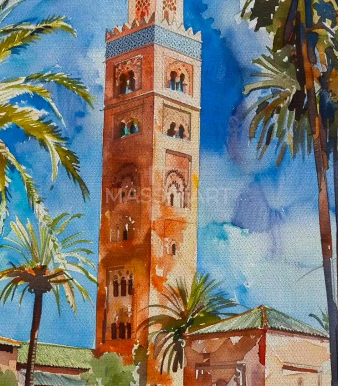 Détail peinture Koutoubia Marrakech nuances bleu terracotta ocre, Massinart
