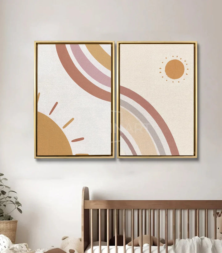 Mise en situation décoration chambre d'enfant diptique soleil minimaliste Massinart