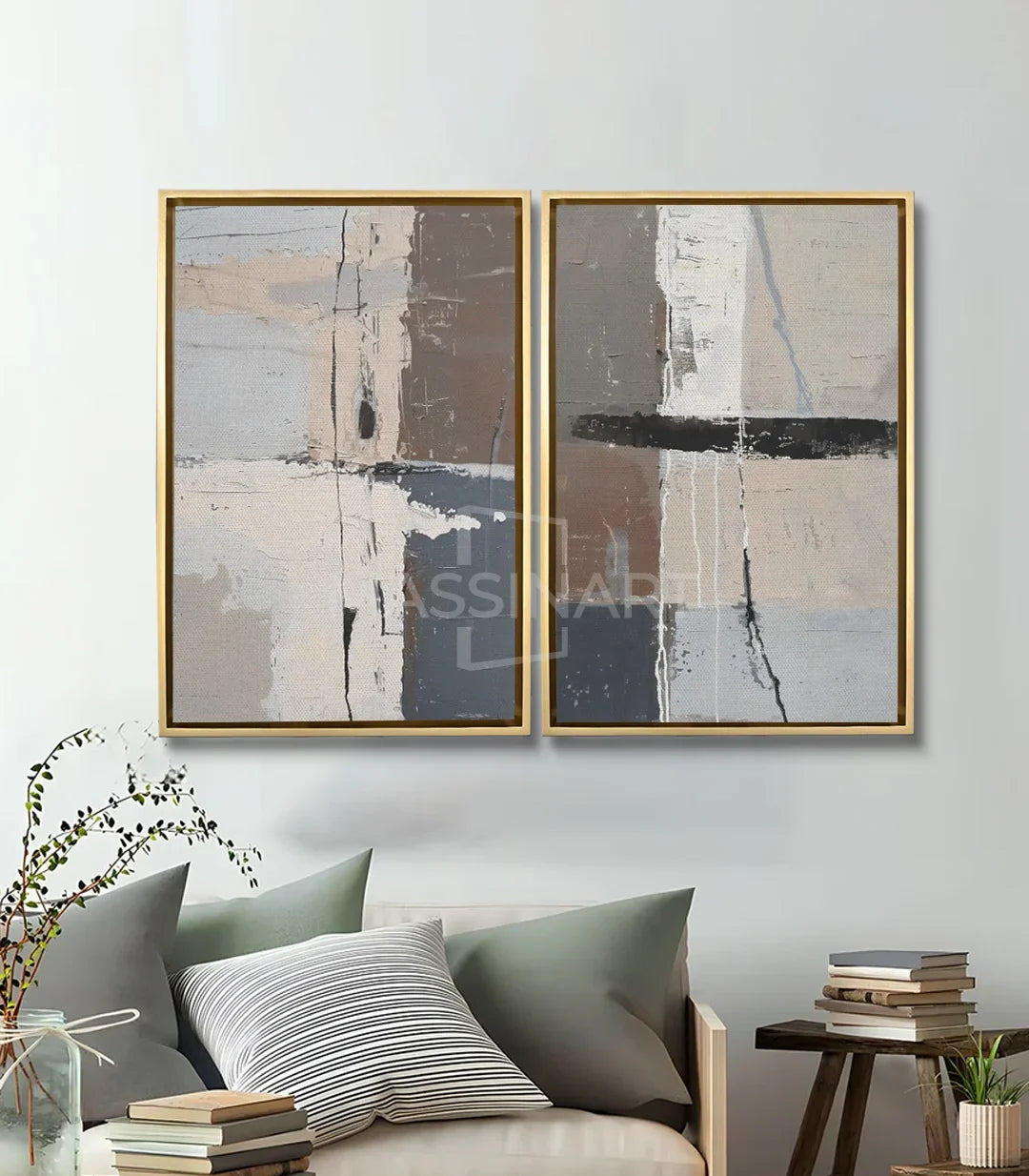 Mise en situation diptyque abstrait salon moderne gris taupe, Massinart