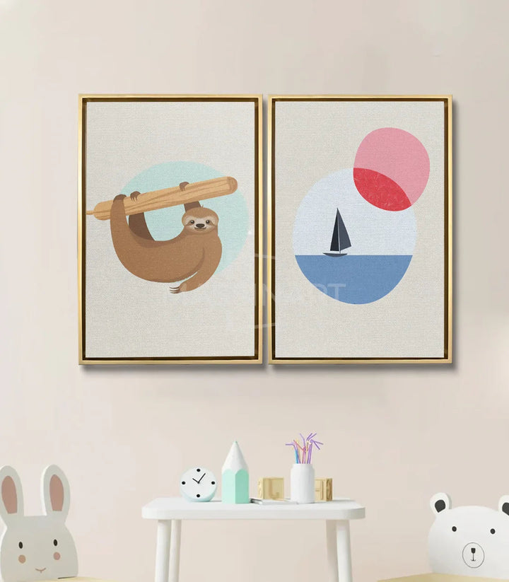 Mise en situation salon avec diptyque Lazy Koala Massinart — décoration intérieur enfant