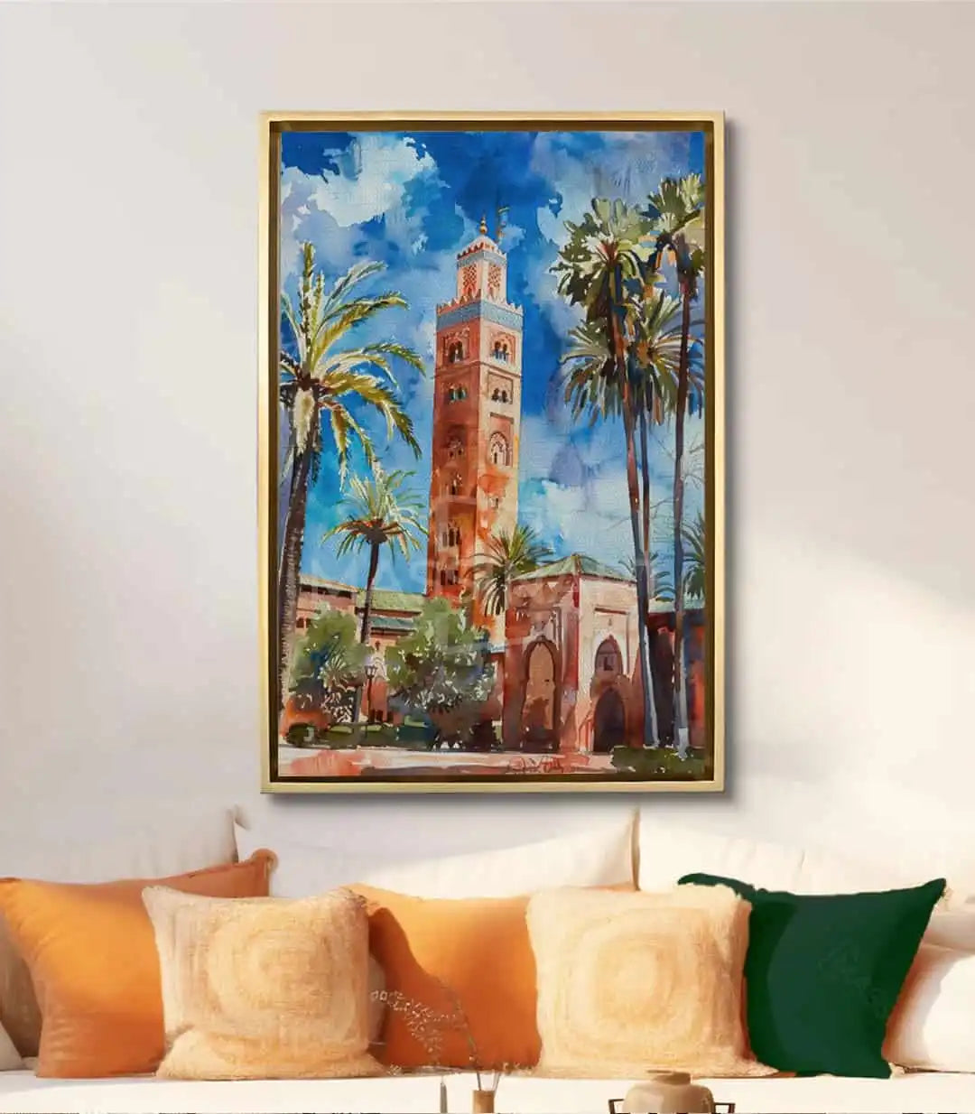 Mise en situation salon moderne avec tableau Koutoubia Marrakech décoration murale, Massinart