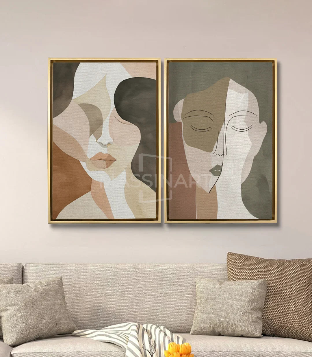 Mise en situation salon moderne Fusion diptyque Massinart au-dessus canapé