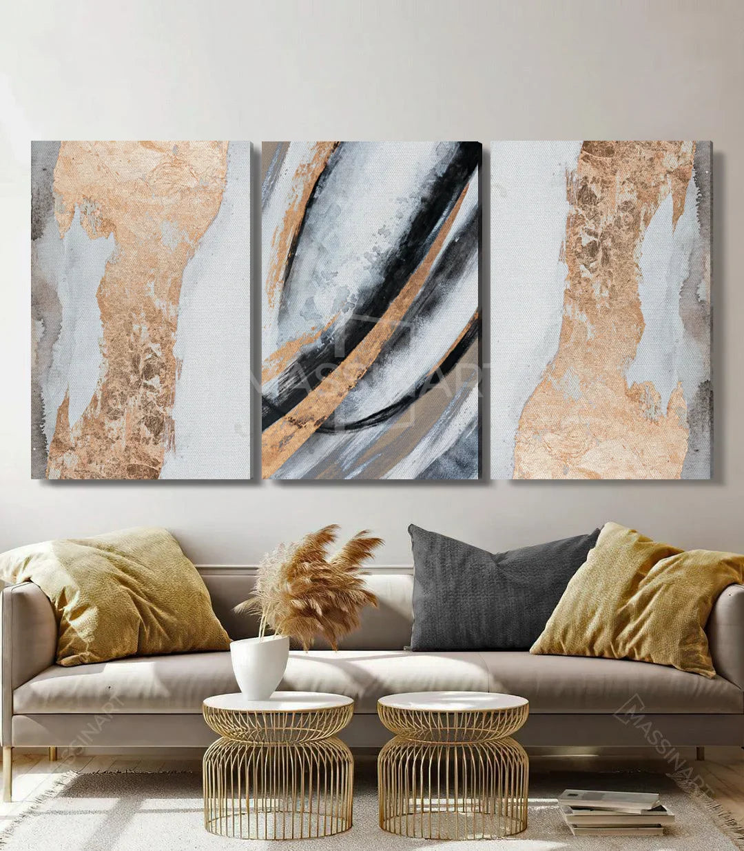 Mise en situation salon moderne tableau Aurous triptyque mur Massinart