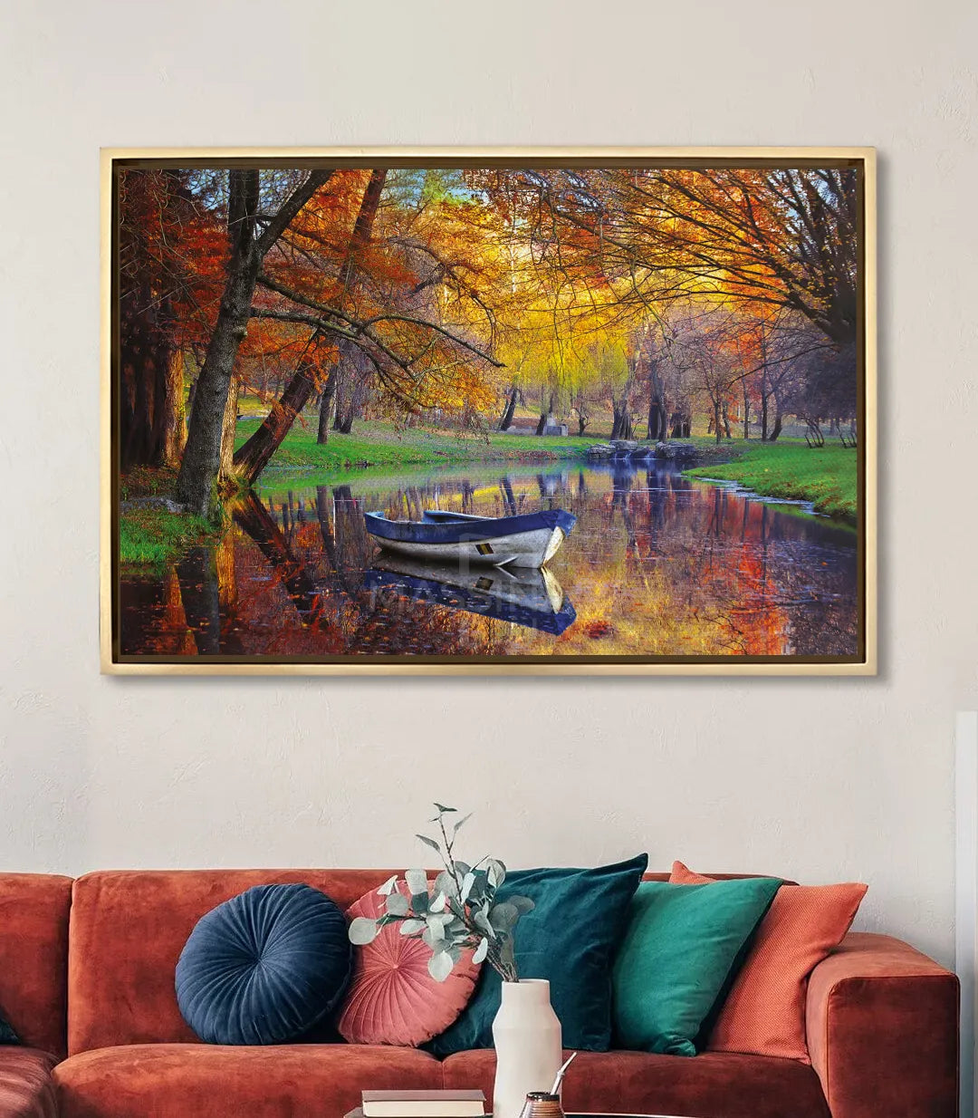 Mise en situation salon moderne tableau barque automne Massinart