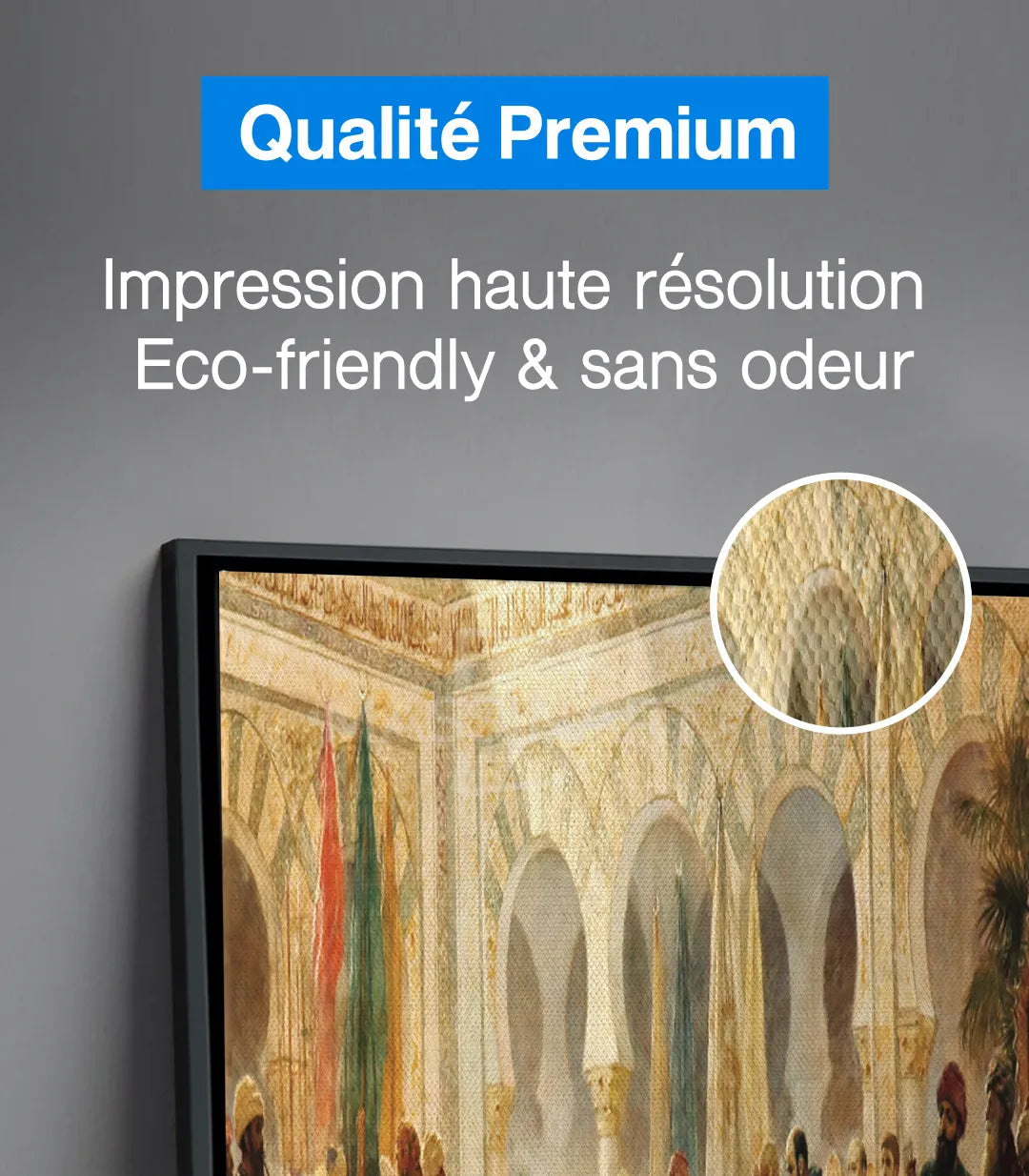 Mise en situation salon moderne, tableau cour andalouse au mur, décoration intérieur — Massinart