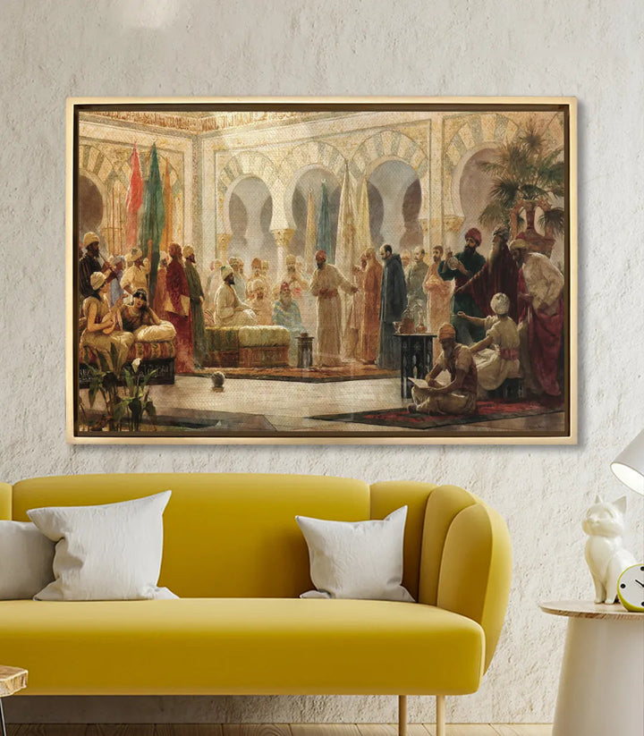 Mise en situation salon moderne, tableau cour andalouse au mur, décoration intérieur — Massinart