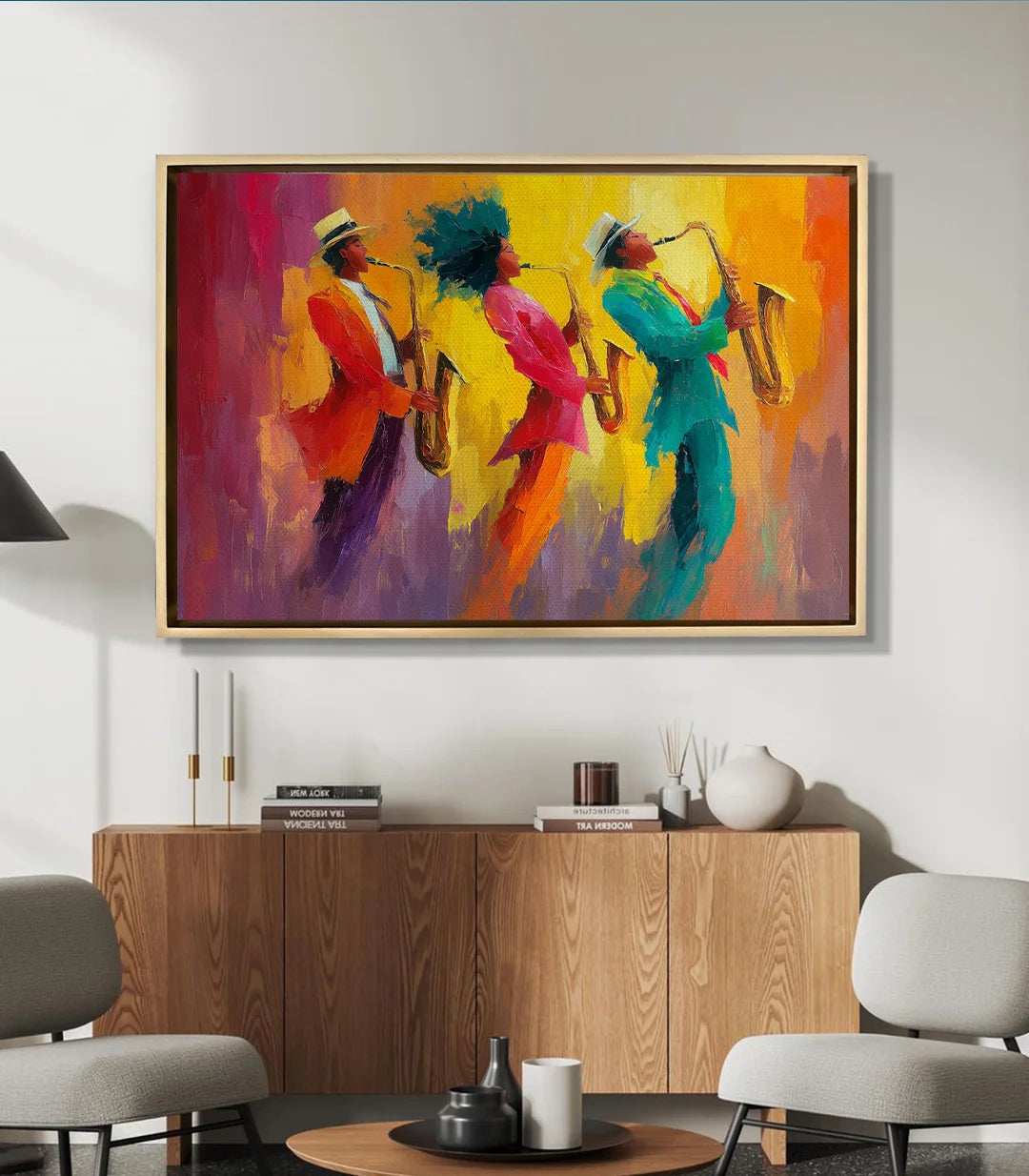 Mise en situation salon moderne, tableau jazz Jam au-dessus du meuble — Massinart