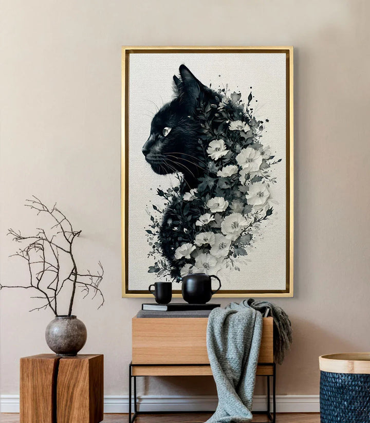 Mise en situation Tableau Feline Blossom décoration salon moderne Massinart