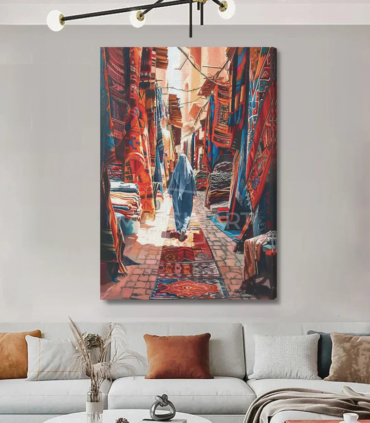 Mise en situation tableau souk marocain canapé beige Massinart