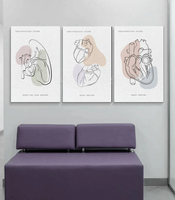 Mise en situation triptyque Heart Anatomy au-dessus canapé mauve dans cabinet médical — Massinart
